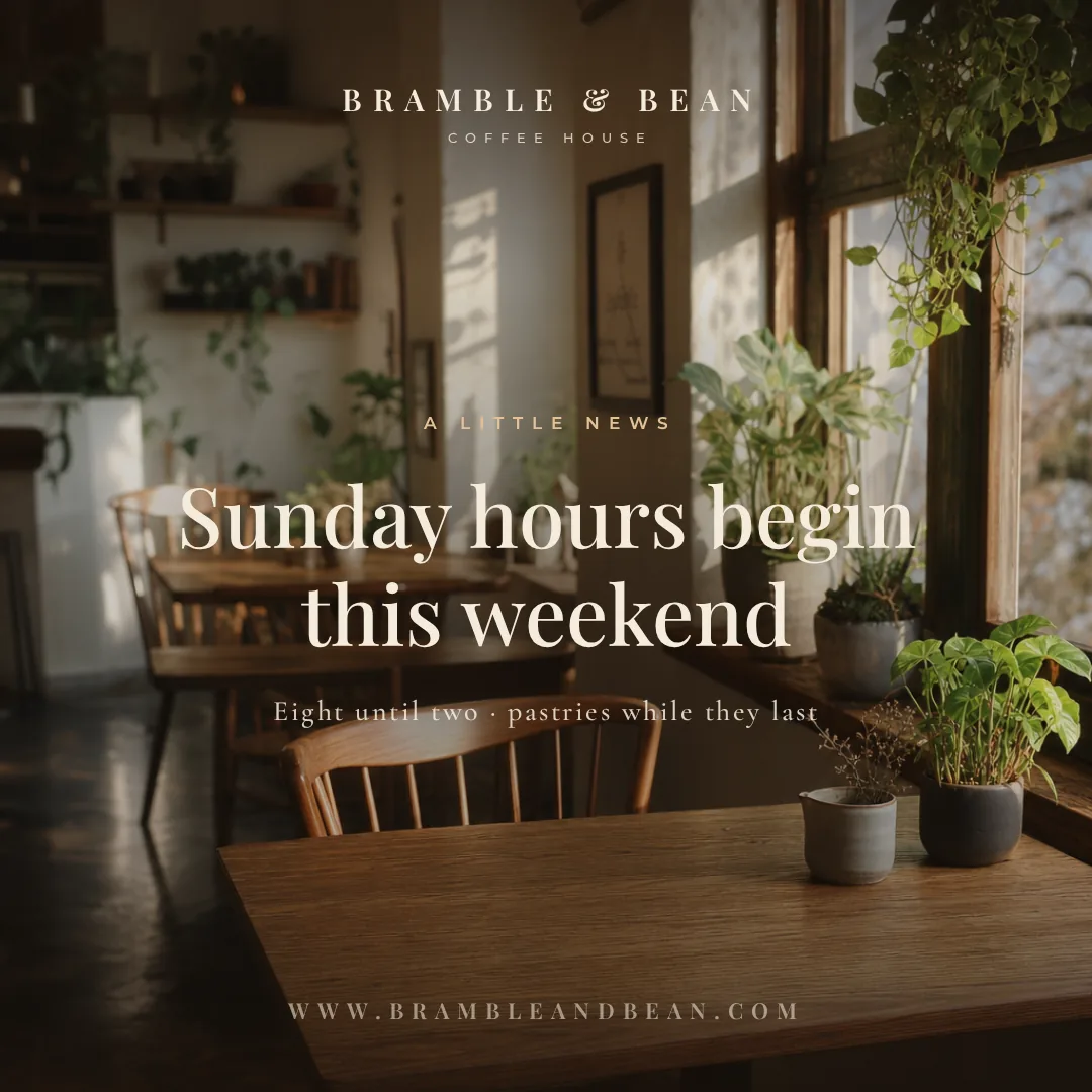 Sample photo post design for a fictional coffee house announcing new Sunday hours over a cafe interior photo