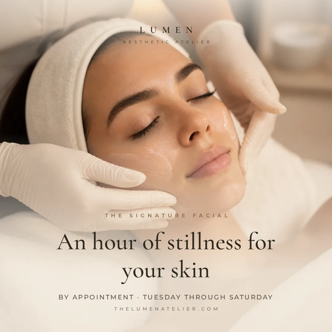 Sample photo post design for a fictional aesthetic atelier, a serif headline about a signature facial over a treatment photo