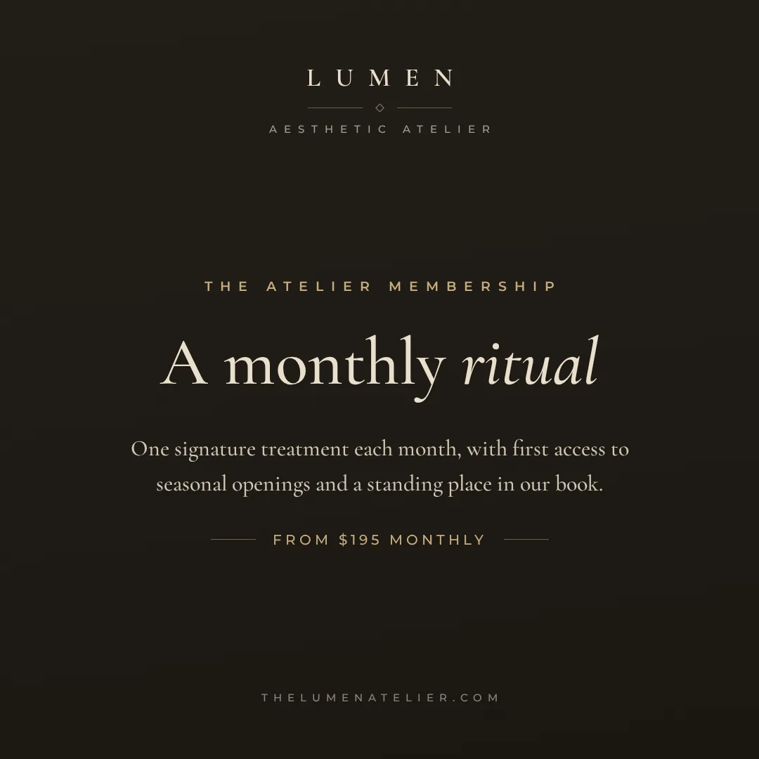 Sample charcoal serif post design for a fictional luxury aesthetic atelier describing a monthly membership