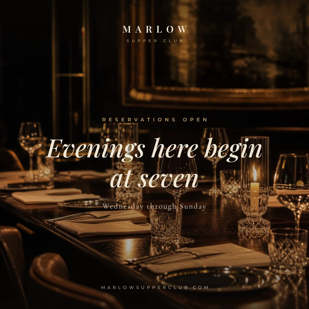 Sample photo post design for a fictional supper club, an italic serif headline over a candlelit table photo