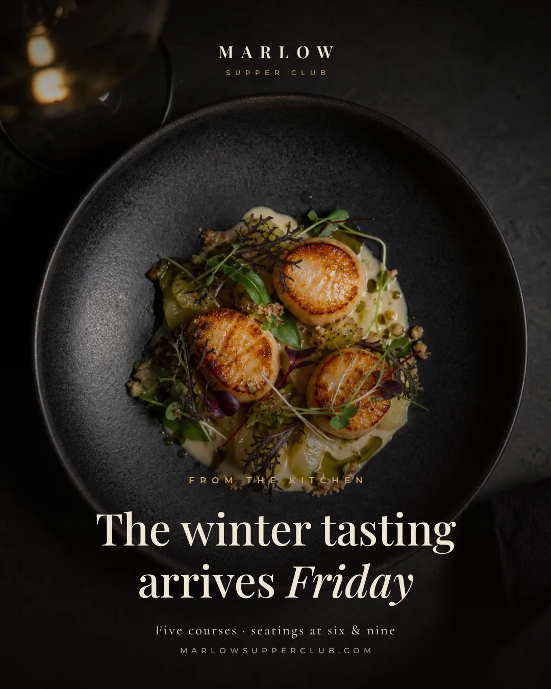 Sample vertical photo post design for a fictional supper club announcing a winter tasting over a plated-dish photo