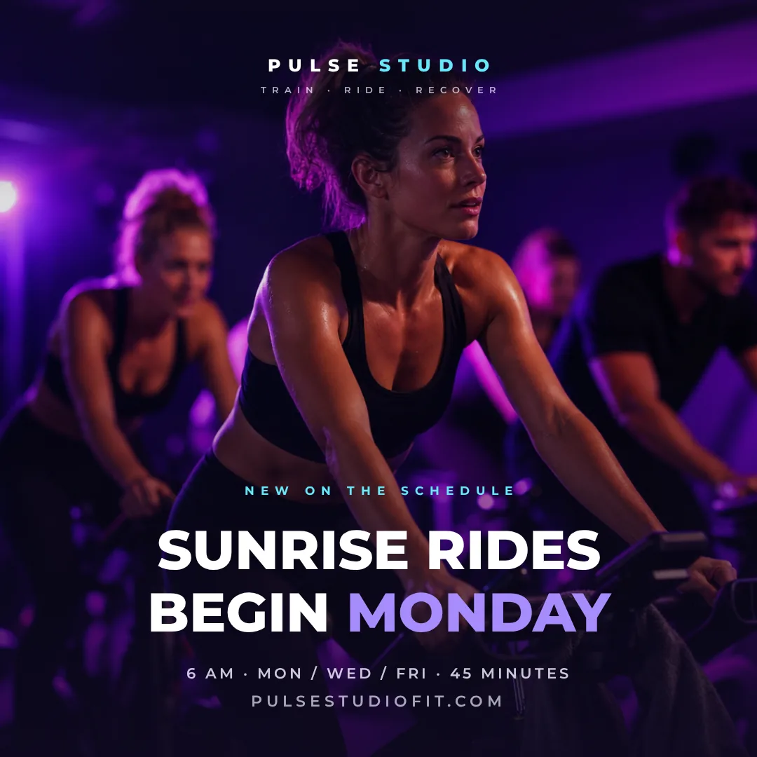 Sample photo post design for a fictional fitness studio announcing sunrise rides over a violet-lit spin class photo
