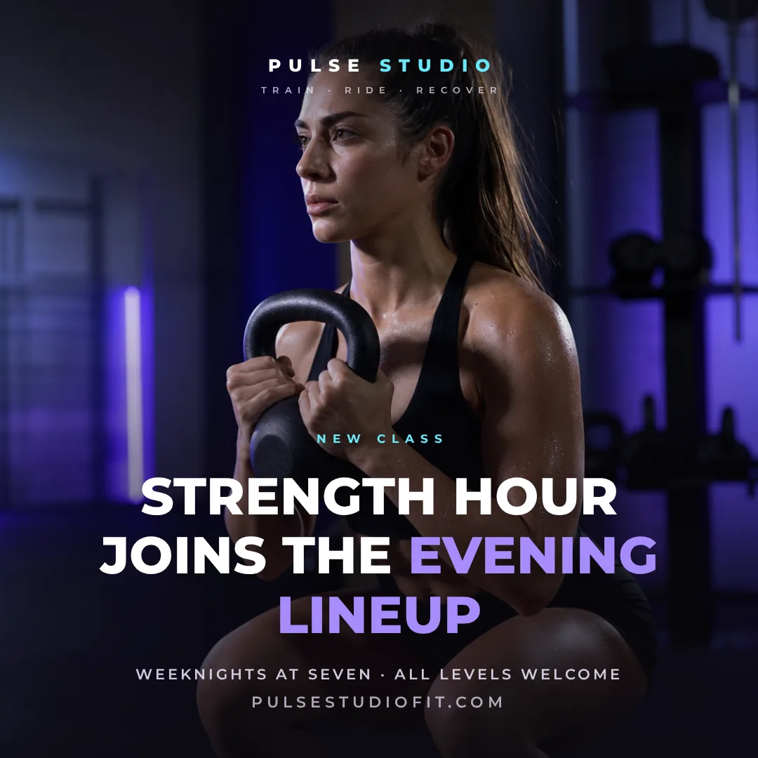 Sample photo post design for a fictional fitness studio announcing an evening strength class over a kettlebell training photo