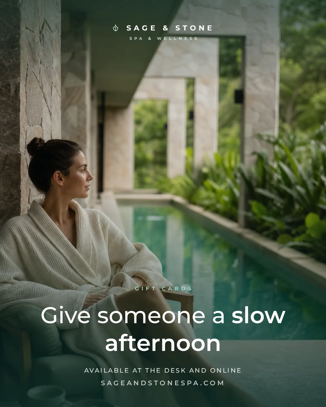 Sample vertical photo post design for a fictional spa promoting gift cards over a poolside photo